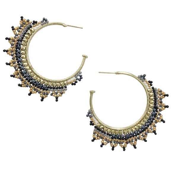 Black Grey Lace Look Seed Bead Lace Look Flair Gold Statement Hoop Earrings - Picture 1 of 3